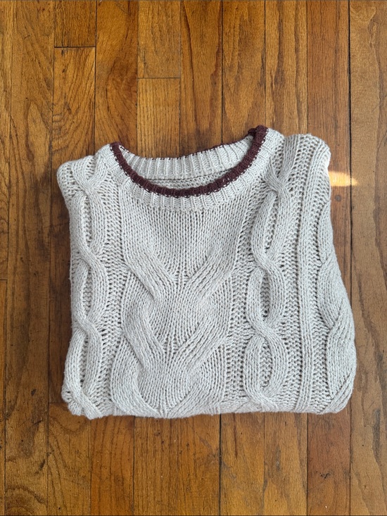 Sweaters - Cream Cable Knit Sweater with Contrast Neckline